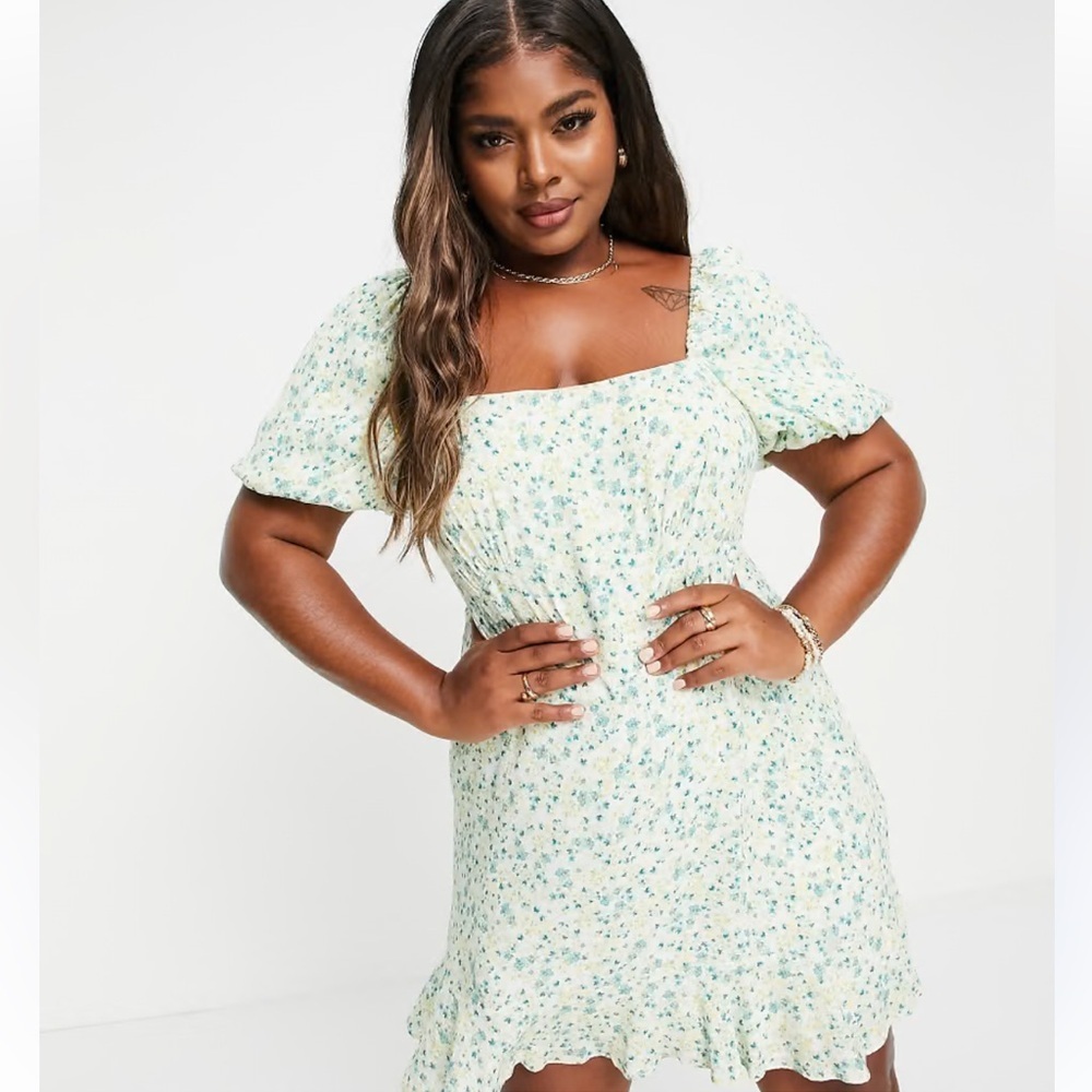 Ever new square neck puff sleeve mini dress pistachio ditsy floral size 4